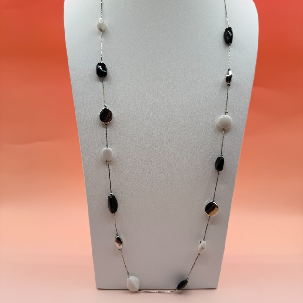 Black White Silver Tone Long Beaded Necklace Minimalist Layering Statement Gift
